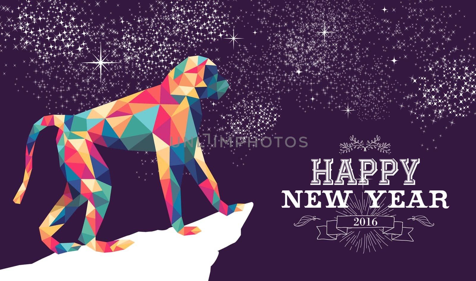 2016 Happy Chinese New Year of the Monkey with colorful hipster low poly triangle ape and label illustration. EPS10 vector.