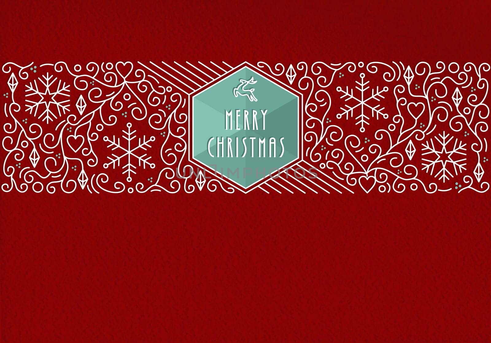 Merry Christmas holidays greeting card in outline monogram style. Linear decoration, ornaments and reindeer icon over red textured background. EPS10 vector file.