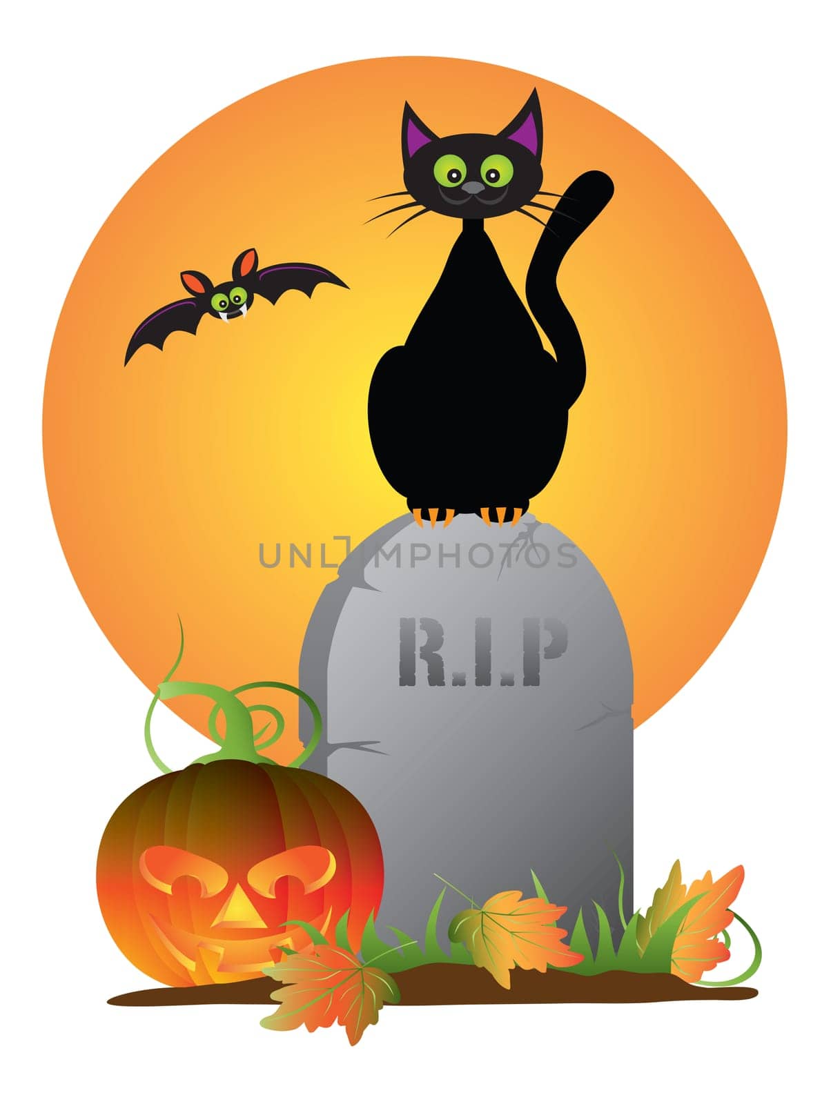 Halloween Black Cat Sitting on Tombstone with Jack-O-Lantern Pumpkin and Flying Bat Illustration