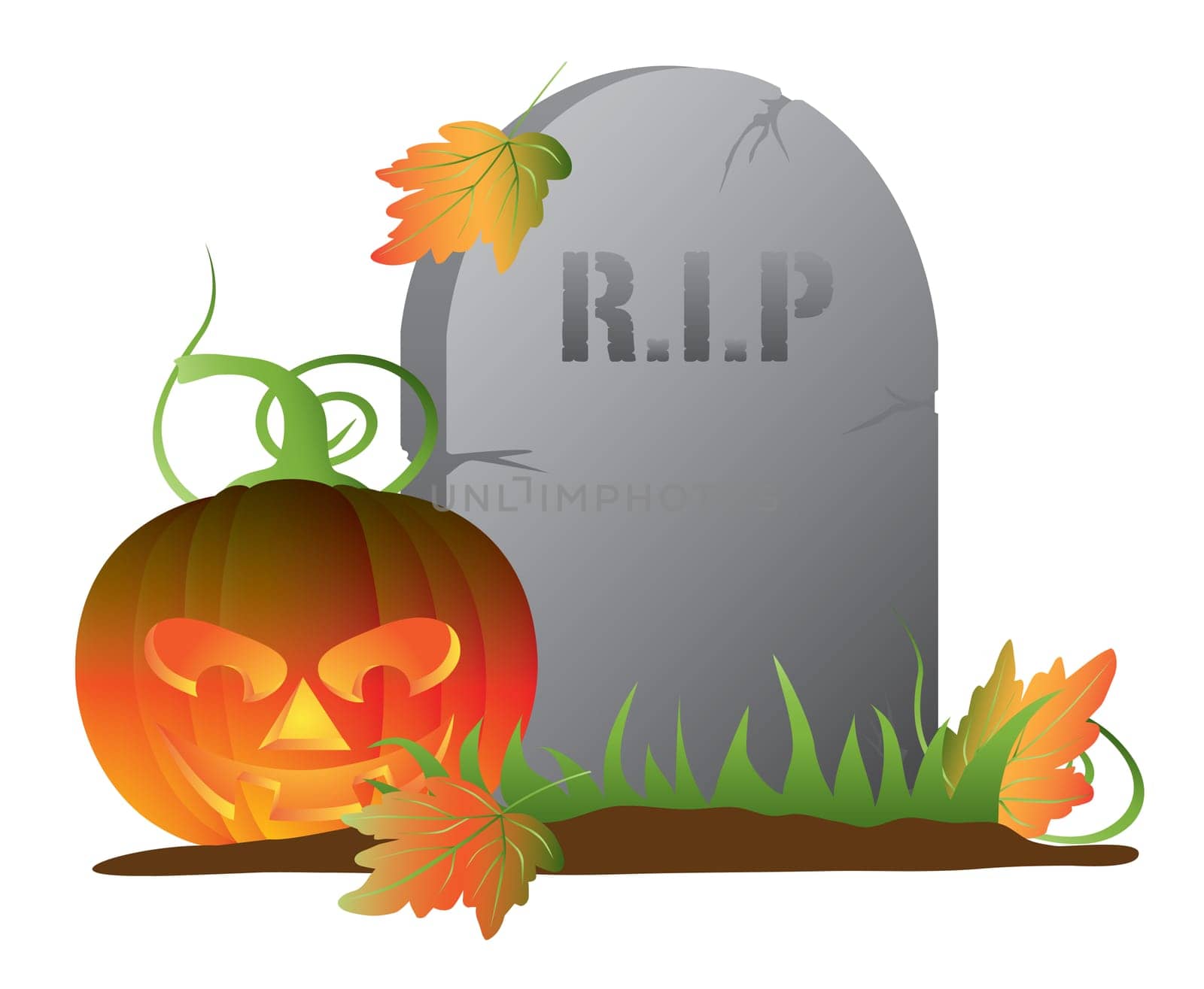 Halloween Jack-O-Lantern Pumpkin Sitting by Tombstone Isolated on White Background Illustration
