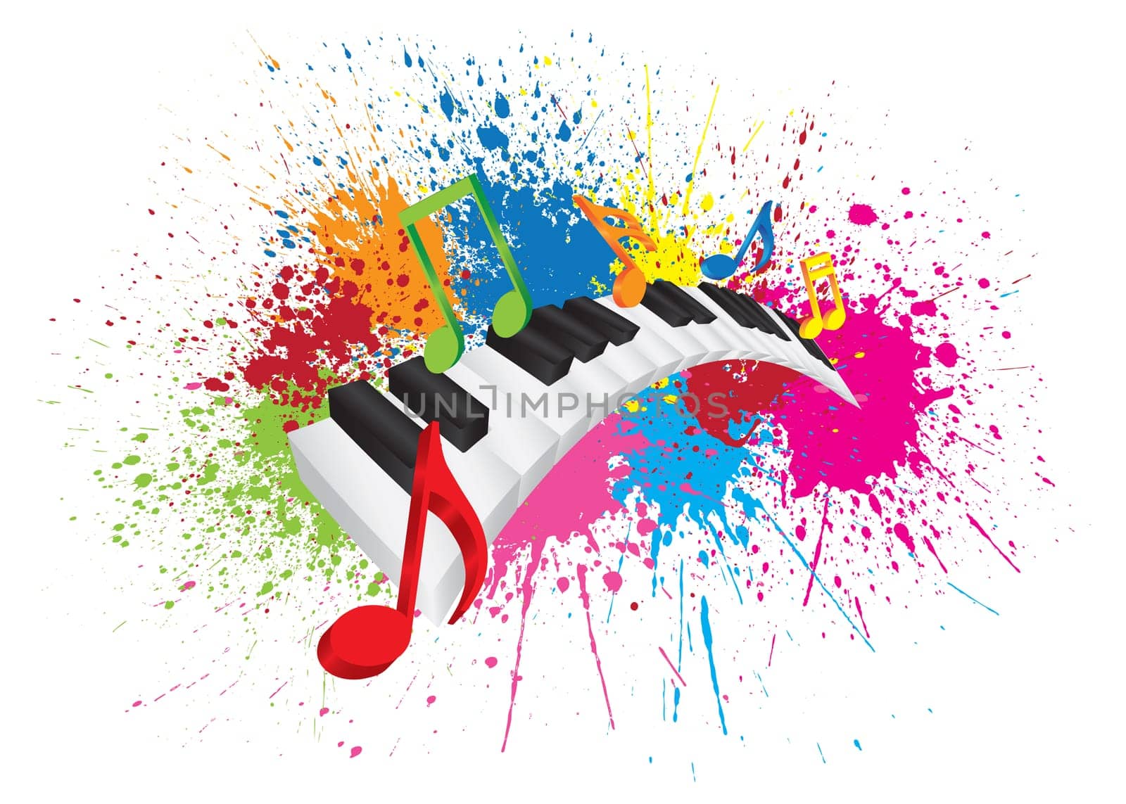 Piano Keyboard with Black and White Wavy Keys and Colorful Music Notes in 3D Paint Splatter Abstract Color Illustration