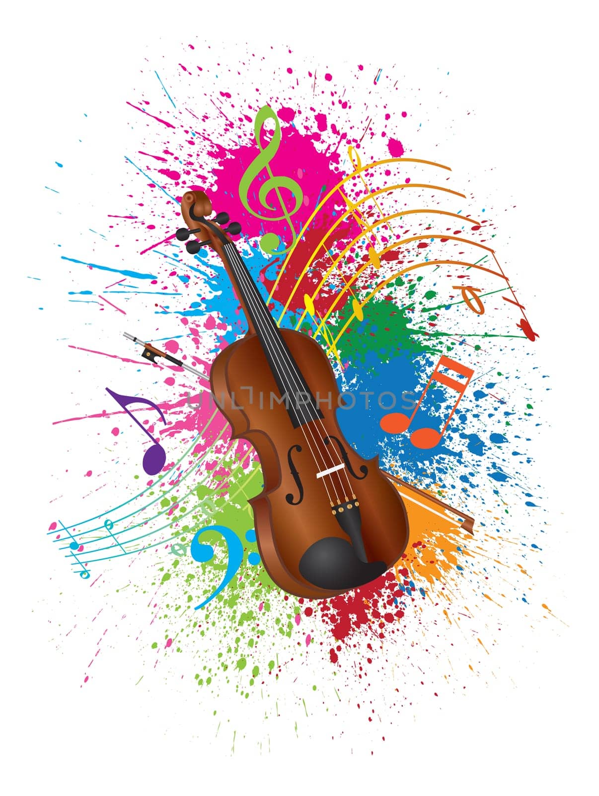 Violin with Bow and Paint Splatter Abstract Color Isolated on White Background Illustration