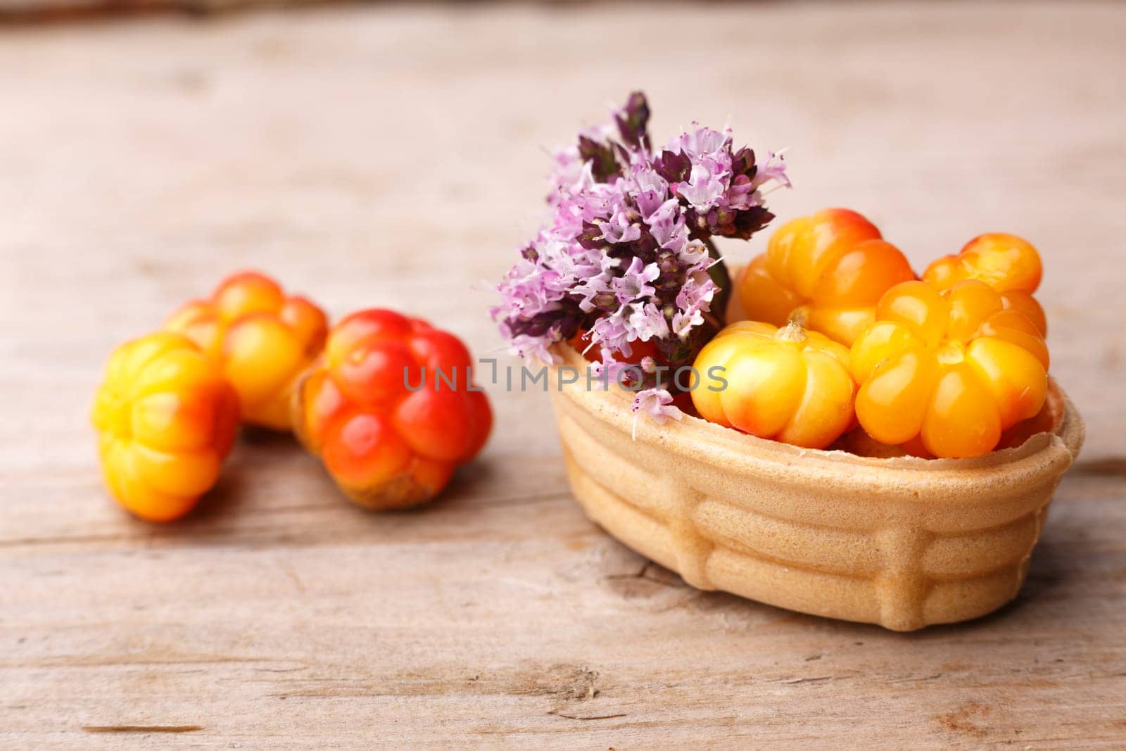 Cloudberry tart decorated with wild marjoram. Sweet baked dessert with fresh wild cloudberries on a wooden table.