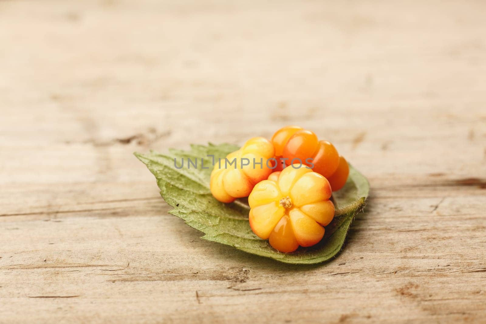 Cloudberries (moroshka) on a wooden table. Wild northern berry. Shallow depth of field
