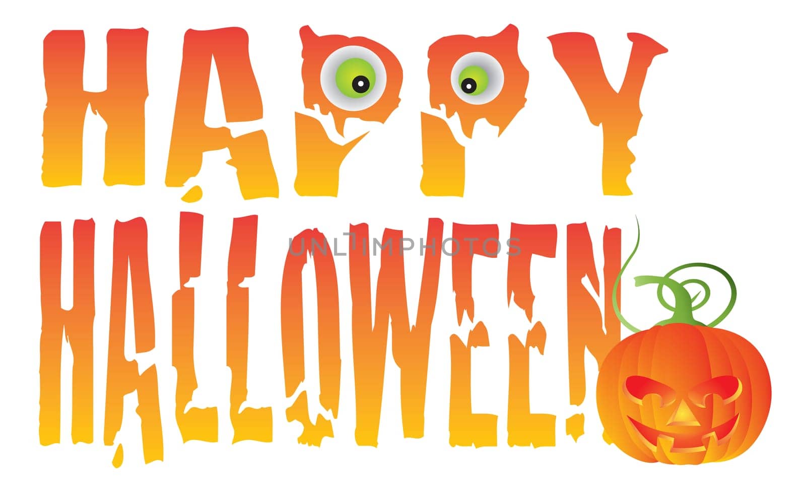 Happy Halloween Text Greeting with Spooky Eyes and Jack-O-Lantern Pumpkin Isolated on White Background Illustration