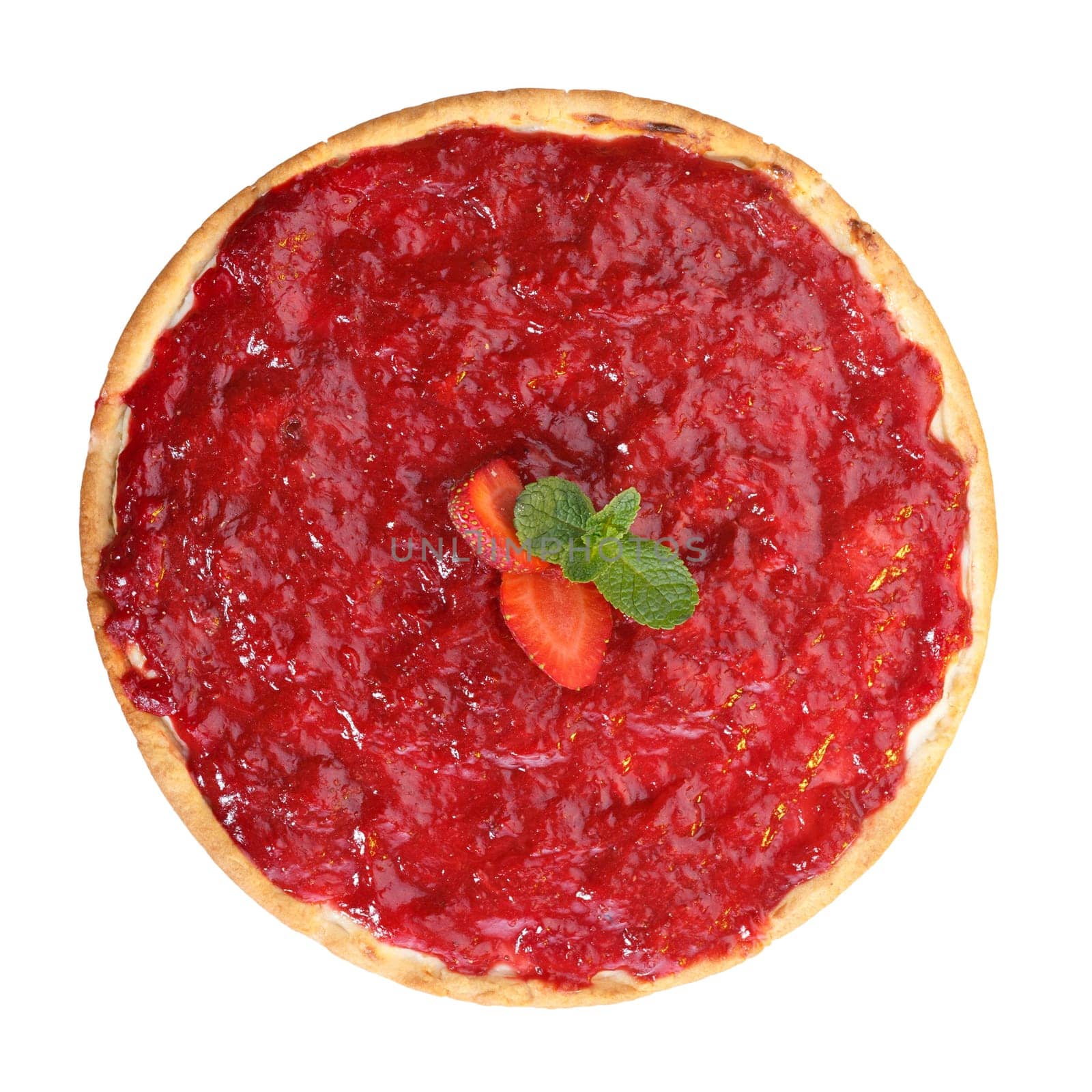 Baked strawberry dessert with cream. Sweet strawberry tart isolated on white
