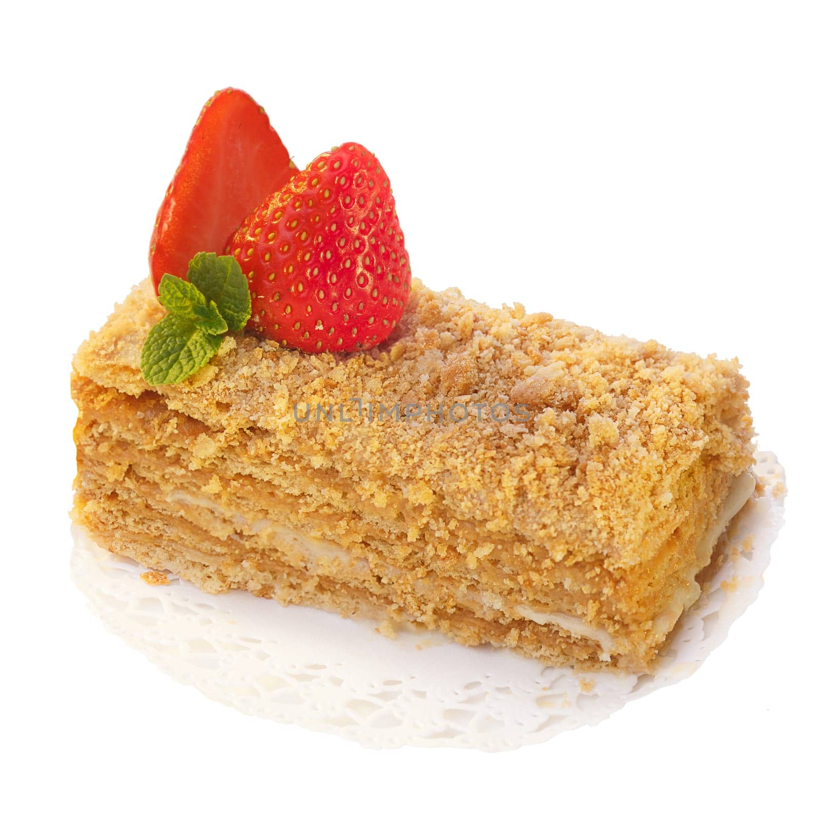 Baked strawberry dessert with cream. Sweet strawberry tart isolated on white