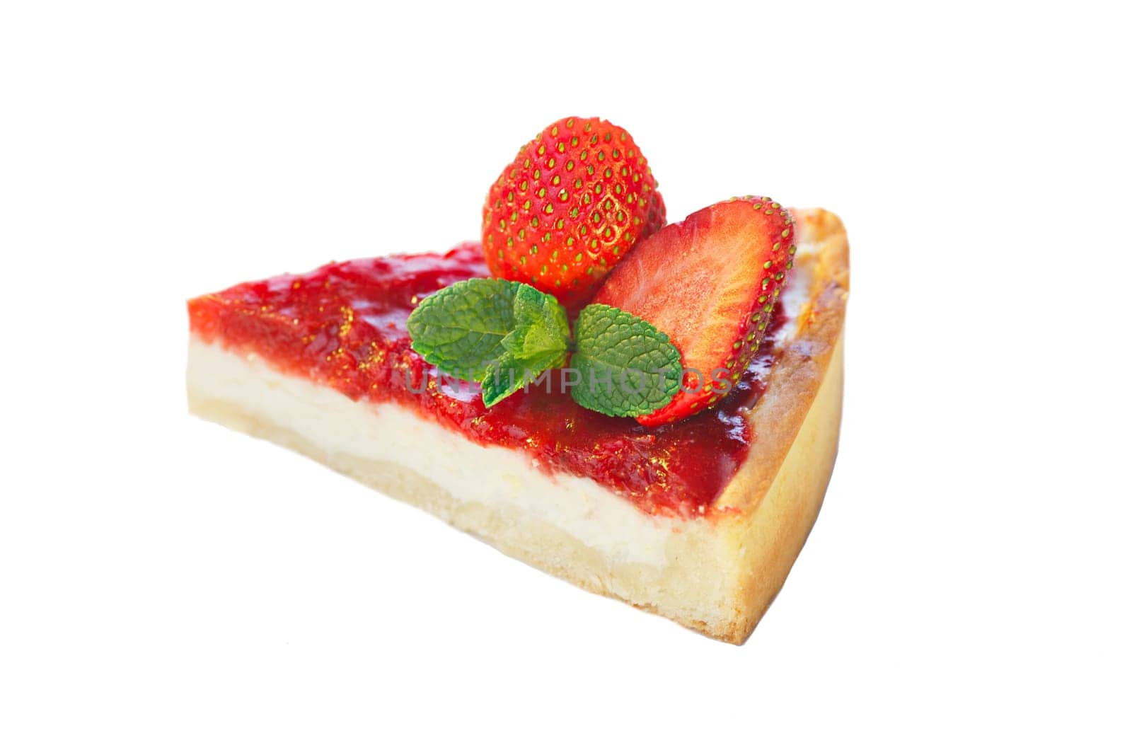 Baked strawberry dessert with cream. Sweet strawberry tart isolated on white