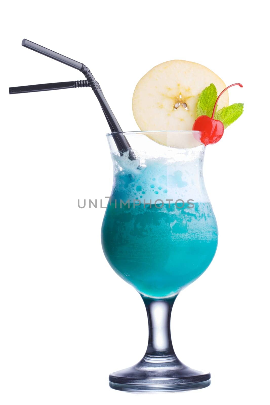 Hawaii cocktail. Summer refreshing cocktail with straws decorated with apple slice and cherry