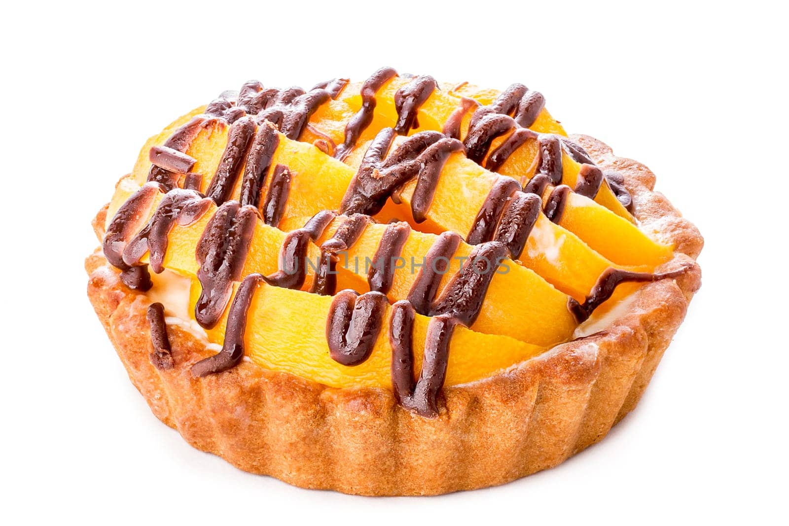 Baked peach dessert with cream. Sweet peach  tart isolated on white