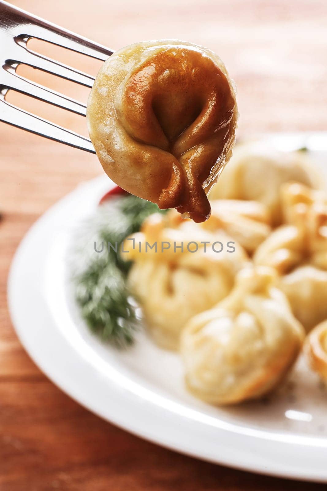 Fried dumplings. Russian pelmeni with meat on a plate. Hearty and tasty  dinner.