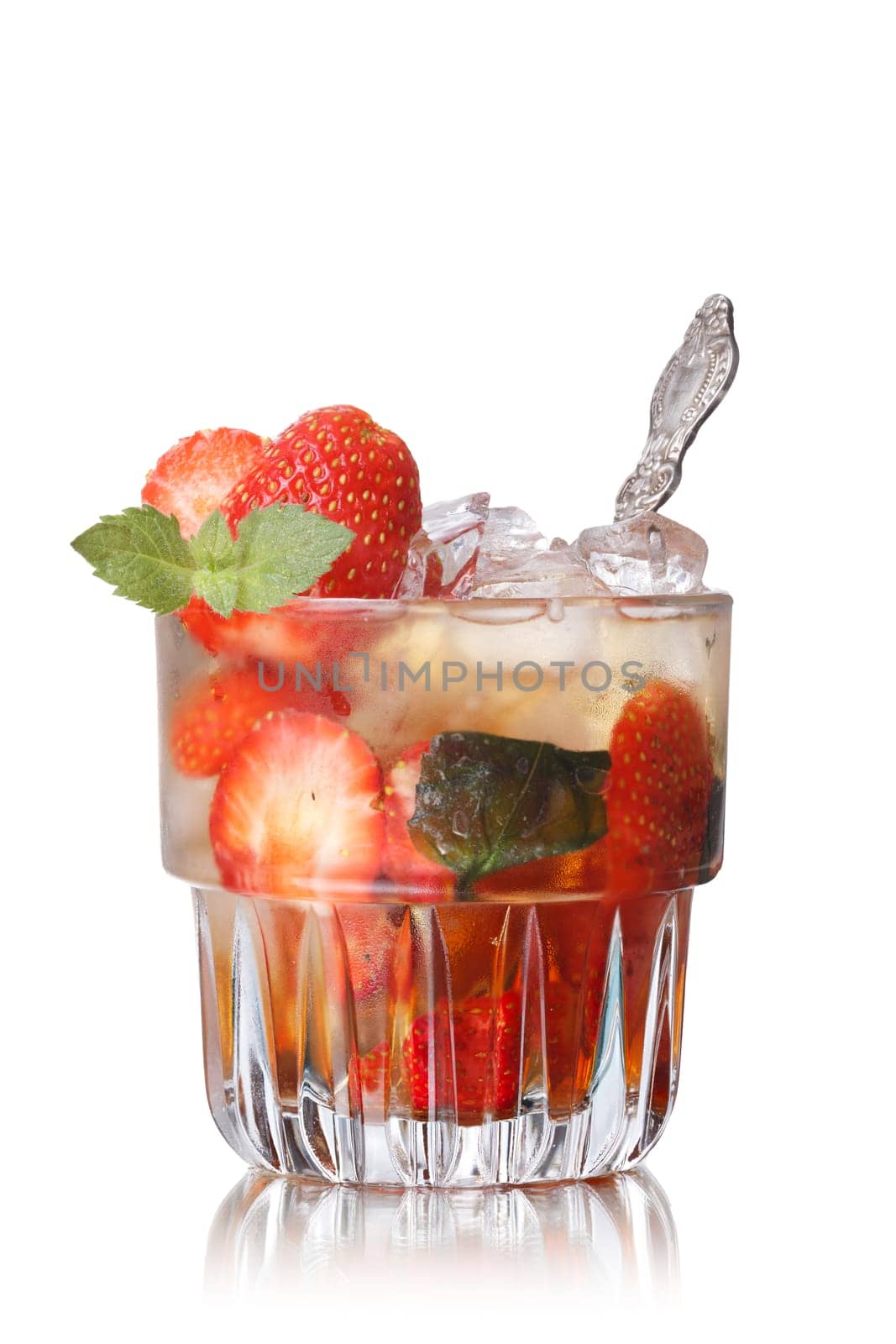 Strawberry mint bourbon smash. Alcoholic cocktail with strawberry. Large depth of field