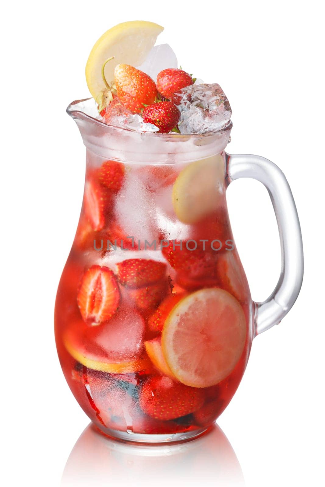 Strawberry lemon detox iced water in a glass jug. Healthy, clean eating