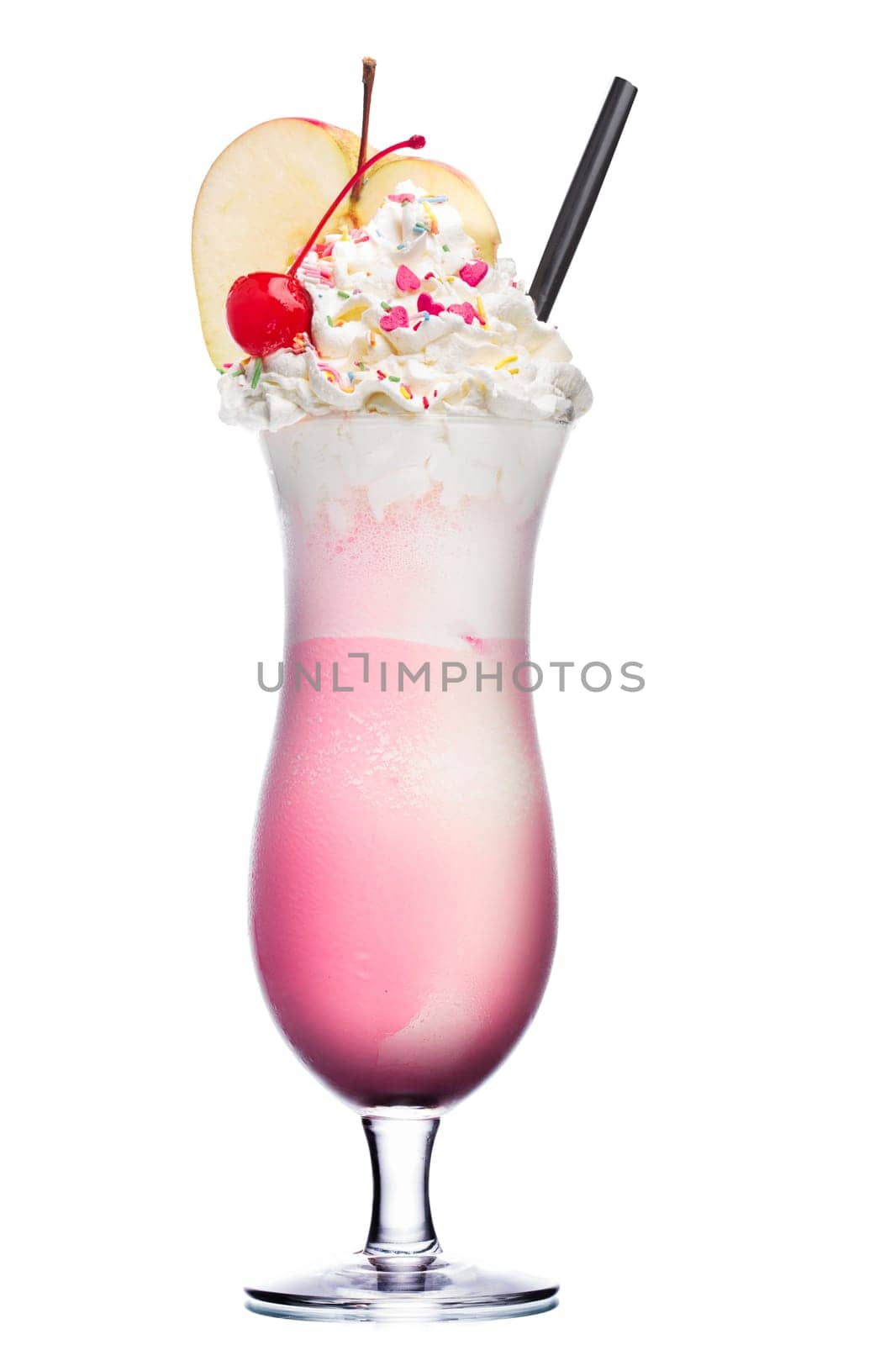 Cocktail with sour cherry. Summer refreshing alcoholic cocktail in hurricane glass decorated with black straw