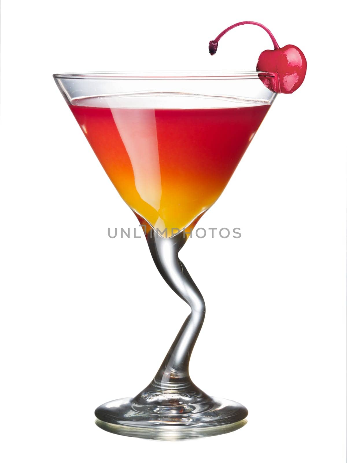 Mary Pickford alcoholic cocktail in a glass decorated with maraschino cherry. All day official IBA cocktail.
