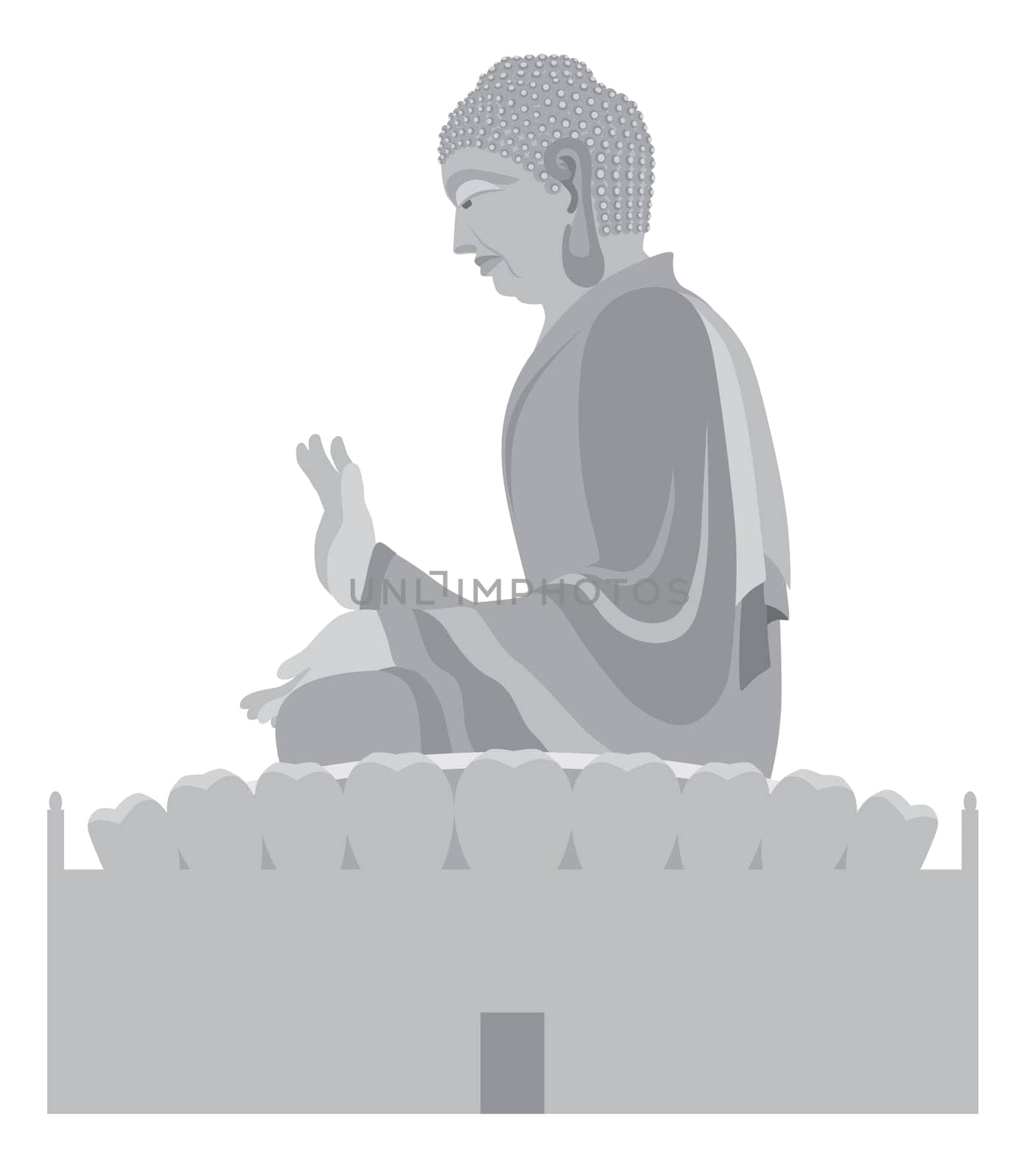 Big Asian Buddha Sitting on Lotus Pad Statue Grayscale Illustration