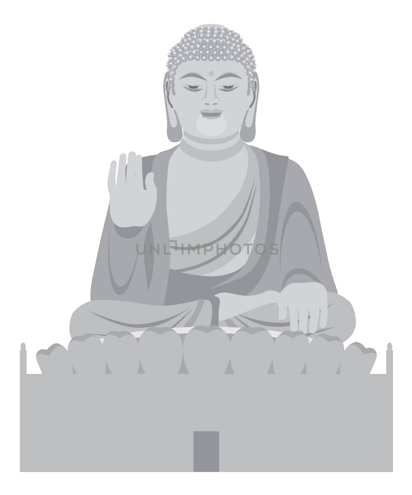 Big Asian Buddha Sitting on Lotus Pad Statue Front Facing Grayscale Illustration