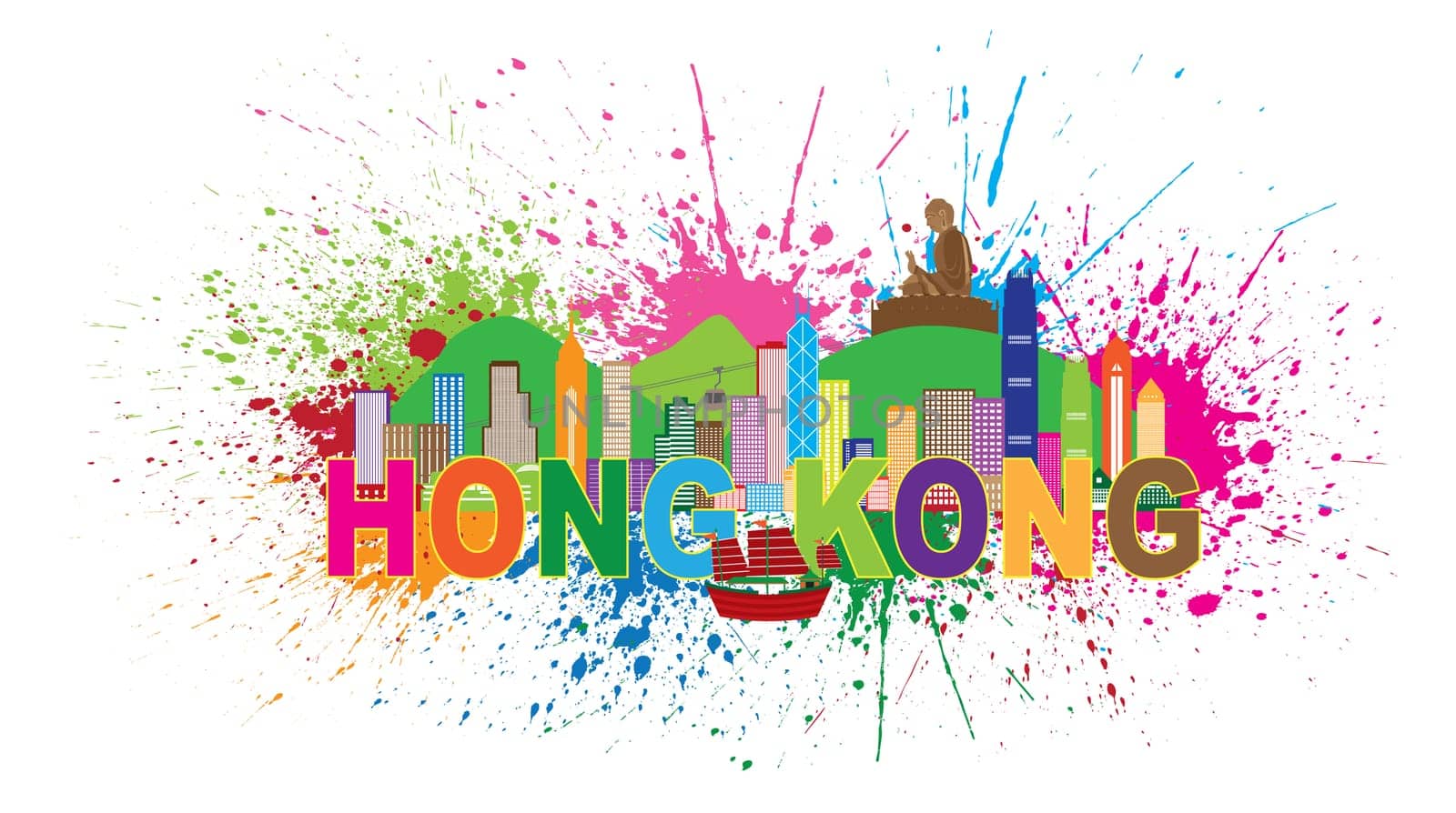 Hong Kong City Skyline and Big Buddha Statue Panorama Color Abstract colorful Paint Splatter Text Isolated on White Background Illustration