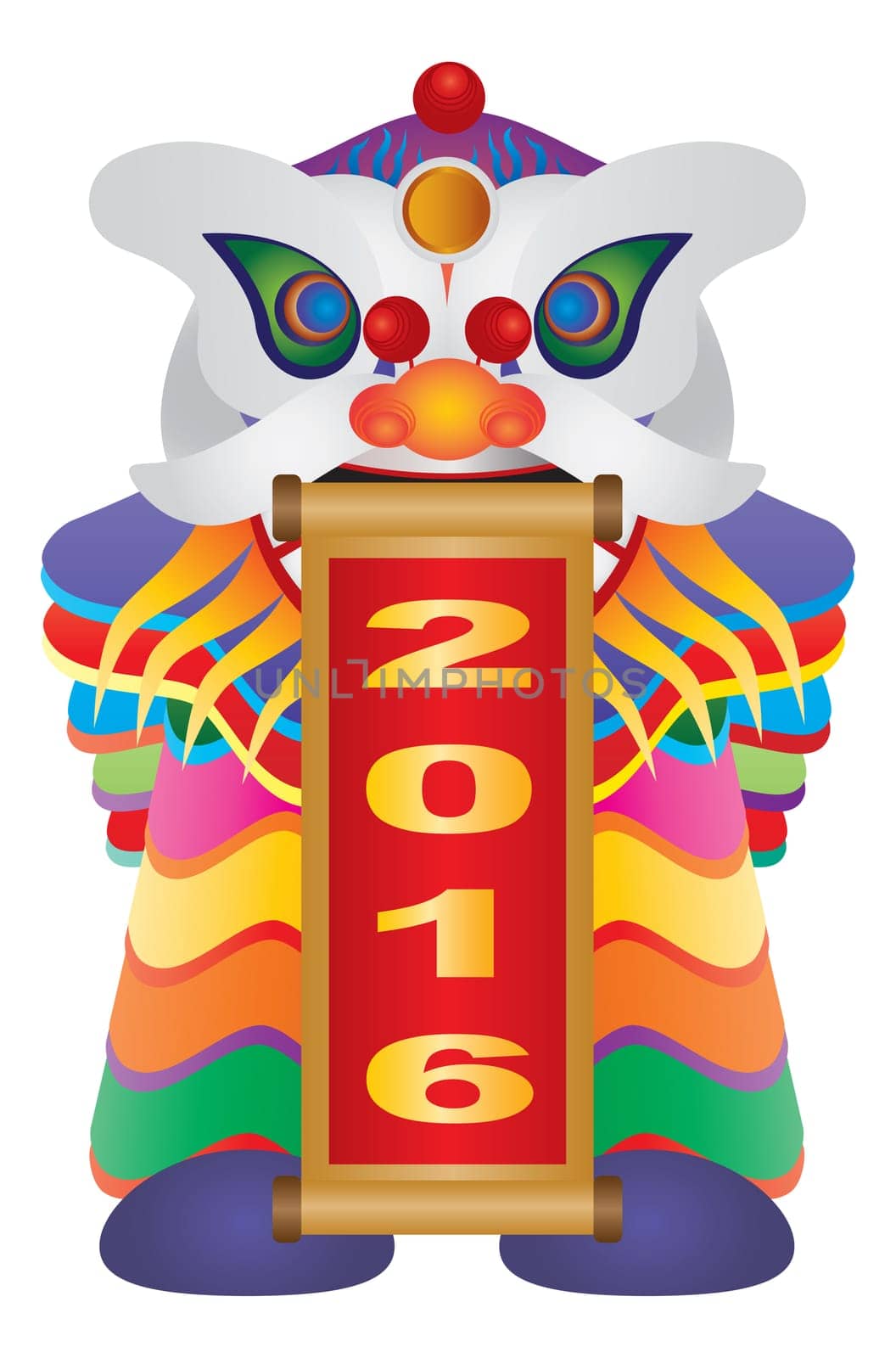 Chinese New Year Colorful Lion Dance Holding Scroll with Numerals 2016 Happy New Year Isolated on White Background Illustration