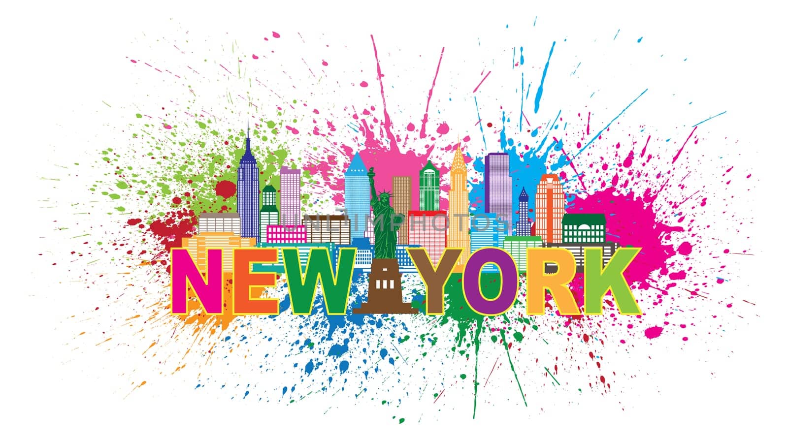 New York City Skyline with Statue of Liberty Abstract Paint Splatter Colorful Text Illustration USA America