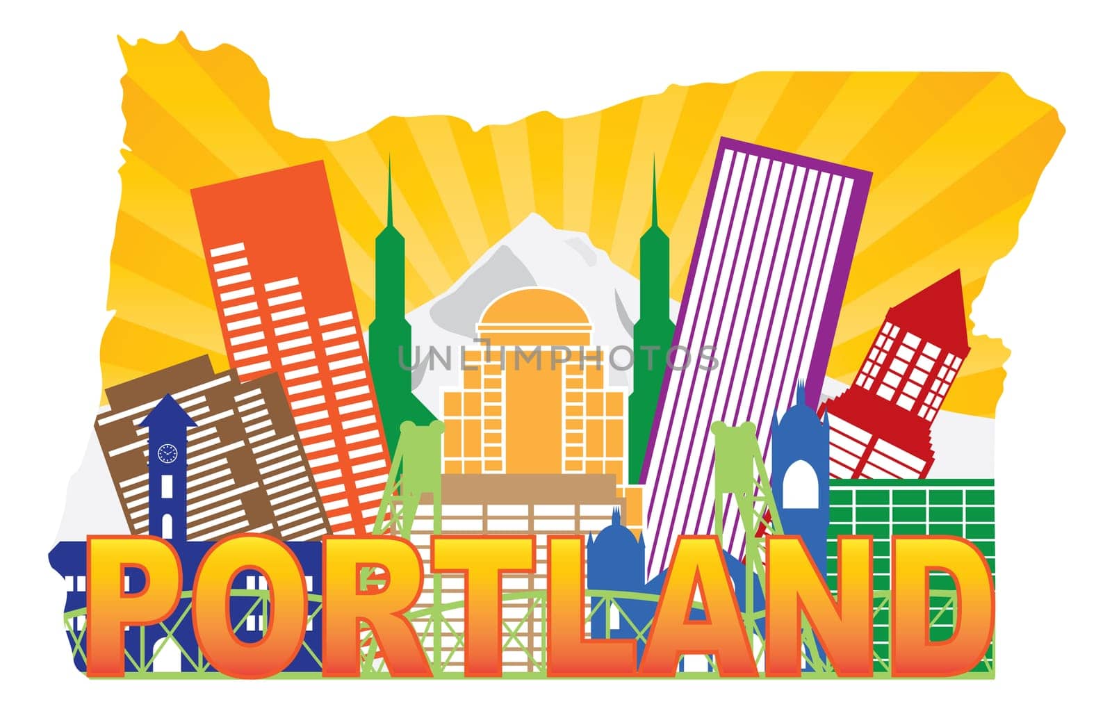 Portland Oregon USA Skyline and Mt Hood in State Map Outline illustration by jpldesigns