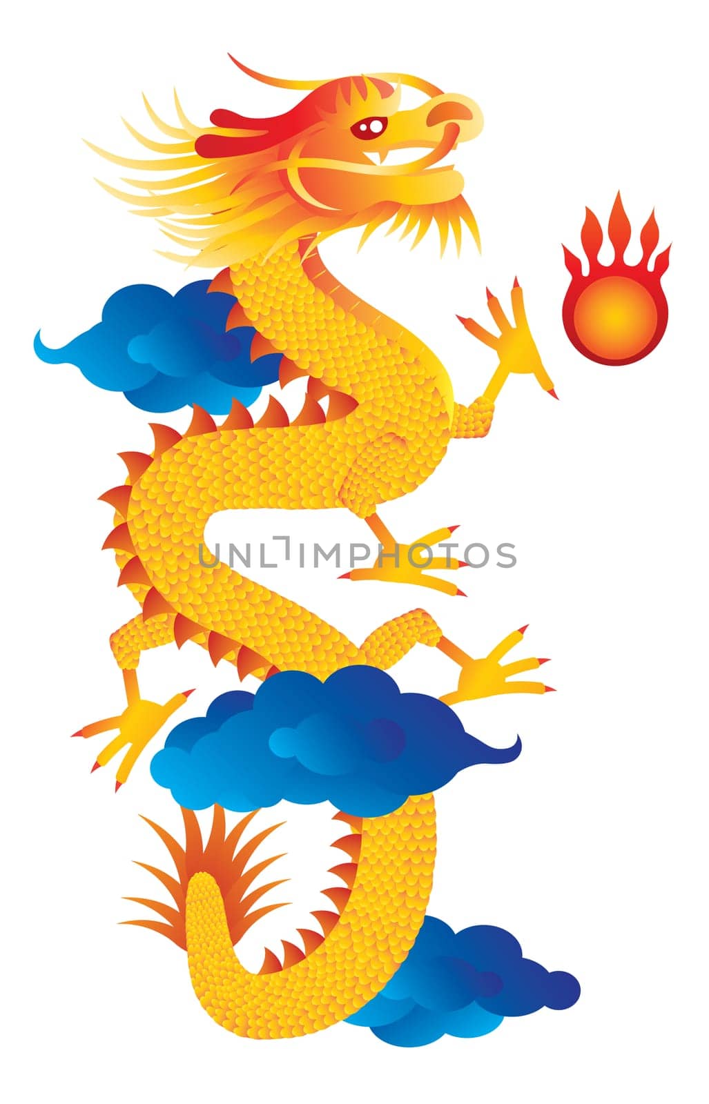 Chinese Lunar New Year Dragon with Flaming Pearl on Clouds Isolated on White Background Color Illustration