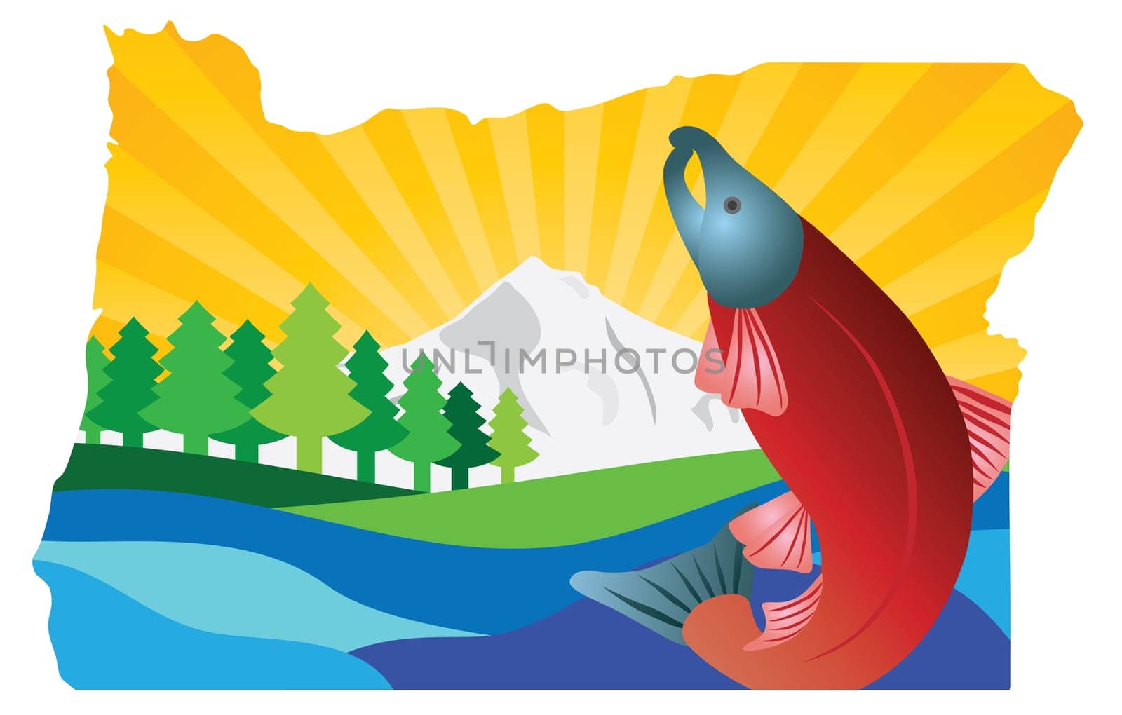 State of Oregon USA America Scenic Landscape with Mount Hood Douglas Fir Trees Coho Salmon in Map Outline Color Illustration
