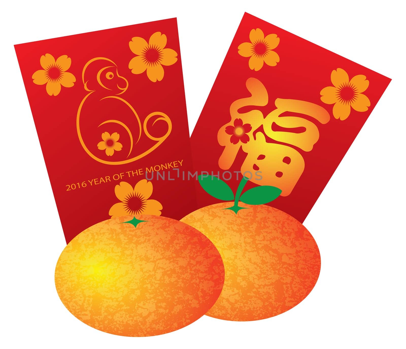 2016 Chinese Lunar New Year of the Monkey Red Packets and Mandarin Oranges Isolated on White Background Illustration