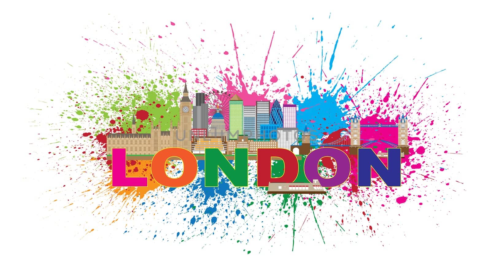 London England Skyline Panorama with Tower Bridge and Westminster Palace Abstract Paint Splatter with Color Text Illustration