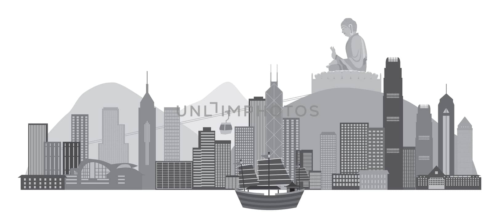Hong Kong City Skyline and Big Buddha Statue Panorama Grayscale Isolated on White Background Illustration