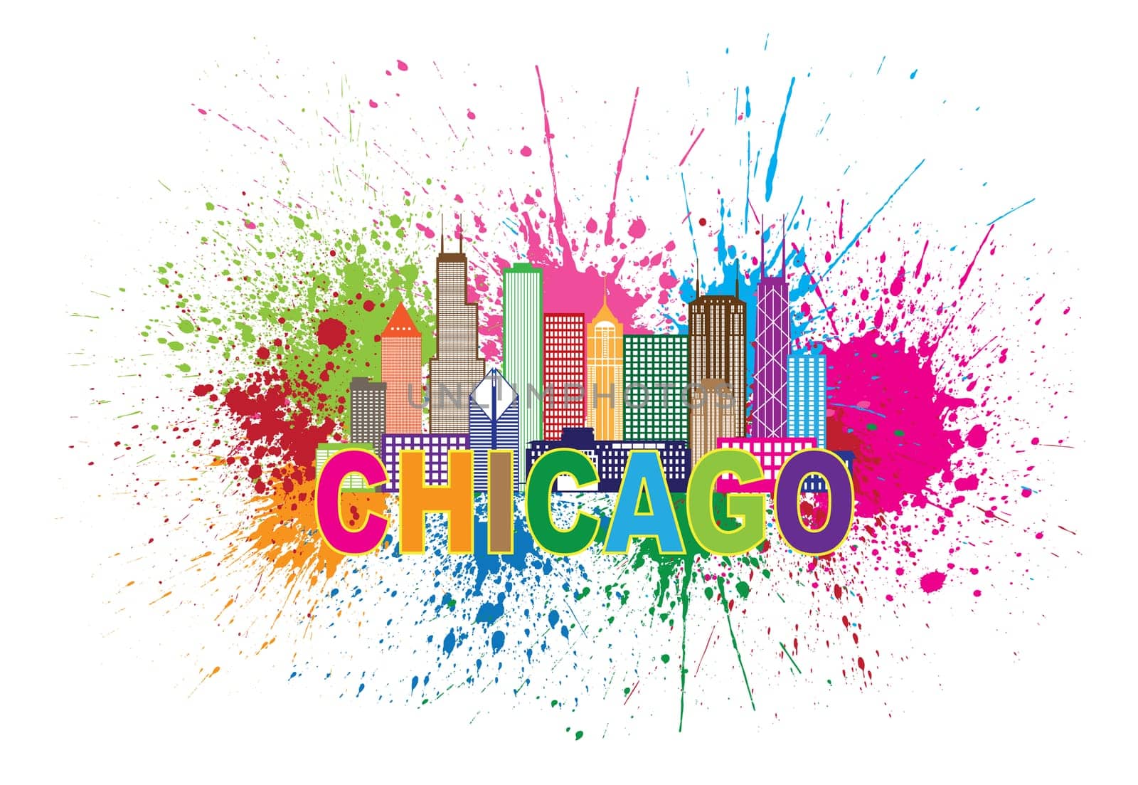 Chicago IL USA America City Skyline Panorama Outline Silhouette Paint Splatter Abstract Colorful Text Isolated on White Background Illustration