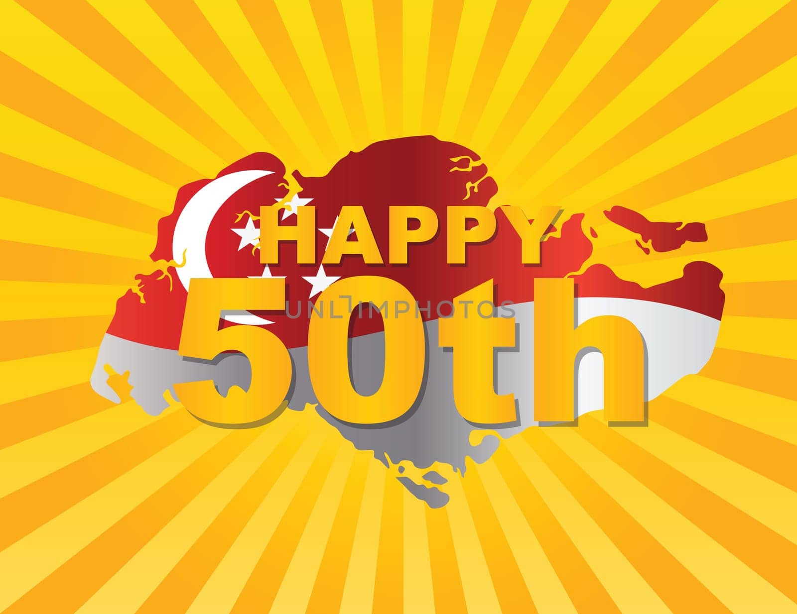 Singapore 2015 Happy 50th National Day Flag in Country Map Silhouette on Sun Rays Background Illustration