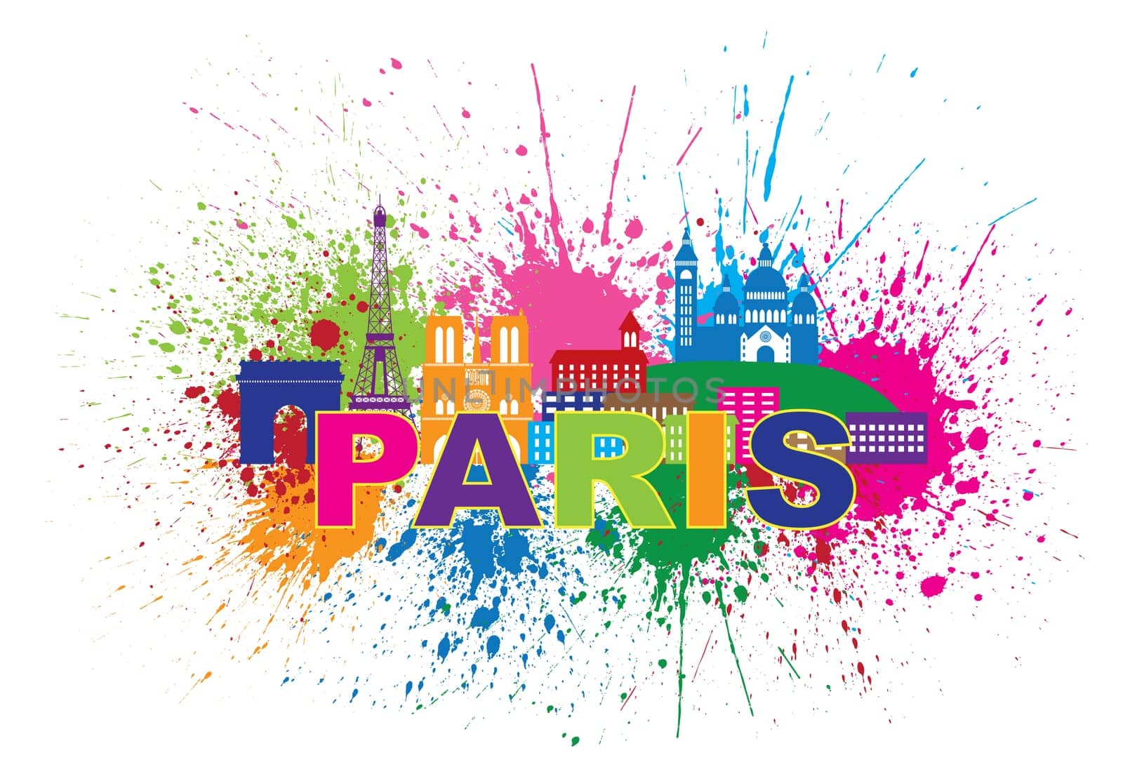 Paris France City Skyline Outline Silhouette Paint Splatter Abstract Colorful Text Isolated on White Background Panorama Illustration