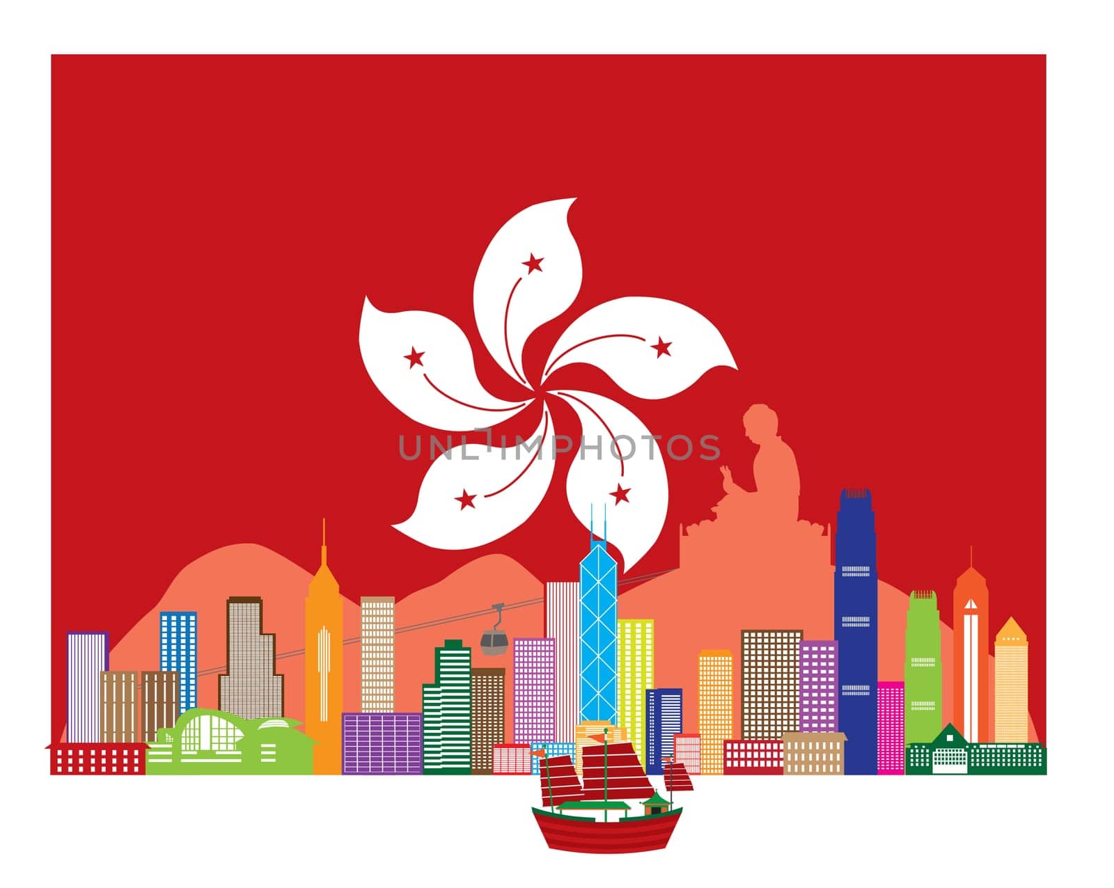 Hong Kong City Skyline and Big Buddha Statue Panorama in Hong Kong Flag Background Color Illustration