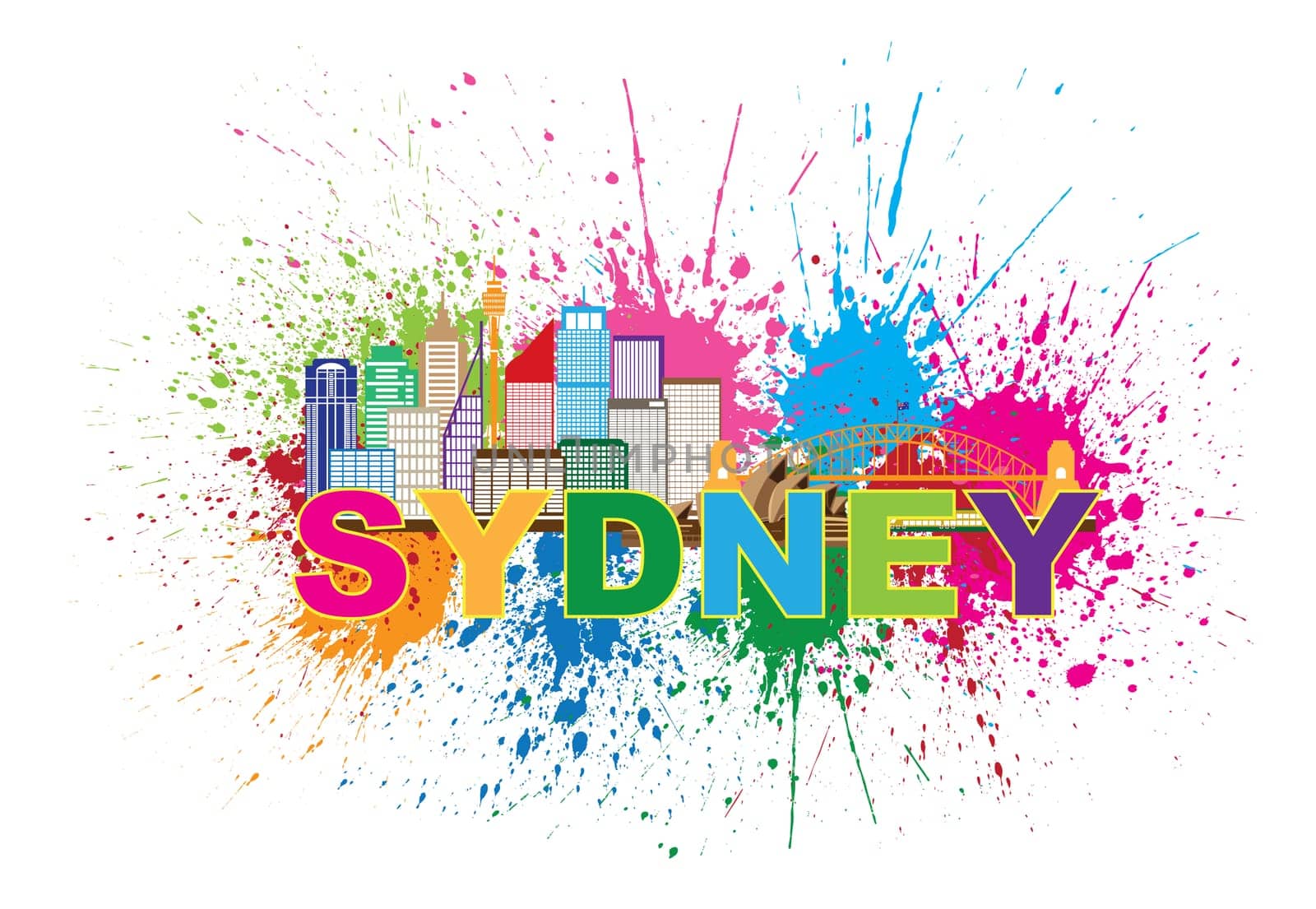 Sydney Australia Skyline Landmarks Harbour Bridge Paint Splatter Colorful Abstract Isolated on White Background Illustration