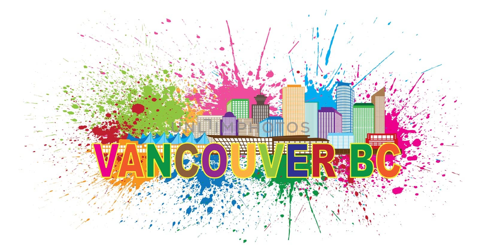 Vancouver British Columbia Canada City Skyline Color Text with Abstract Paint Splatter Illustration