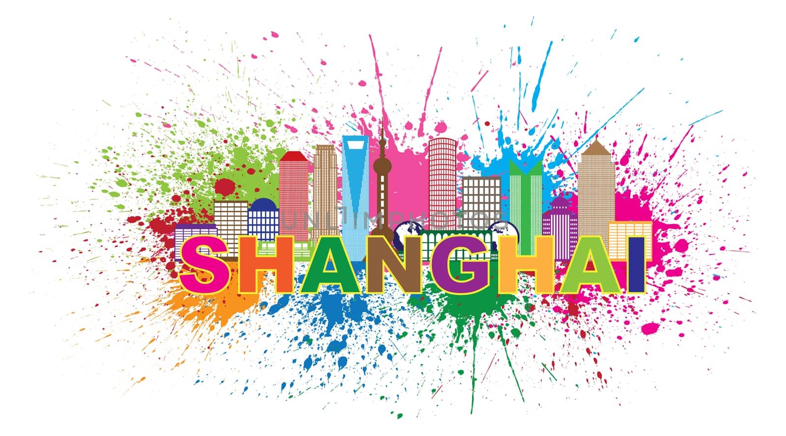 Shanghai China City Skyline Outline Silhouette Color Text Paint Splatter Abstract Isolated on White Background Illustration