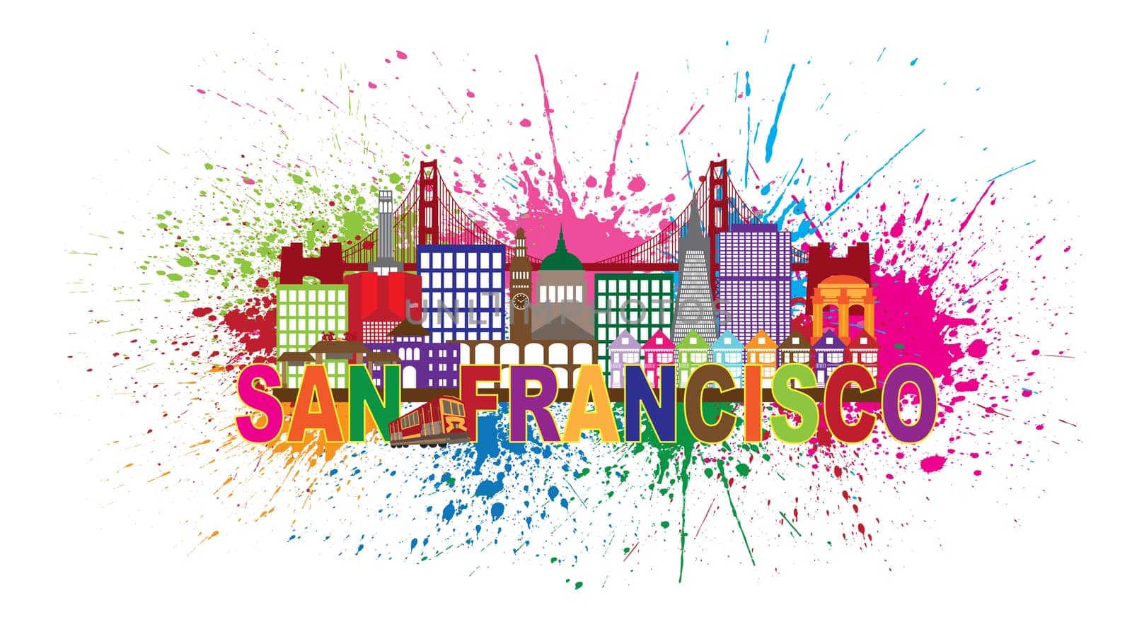 San Francisco California City Skyline with Golden Gate Bridge Color Text with Abstract Paint Splatter Illustration