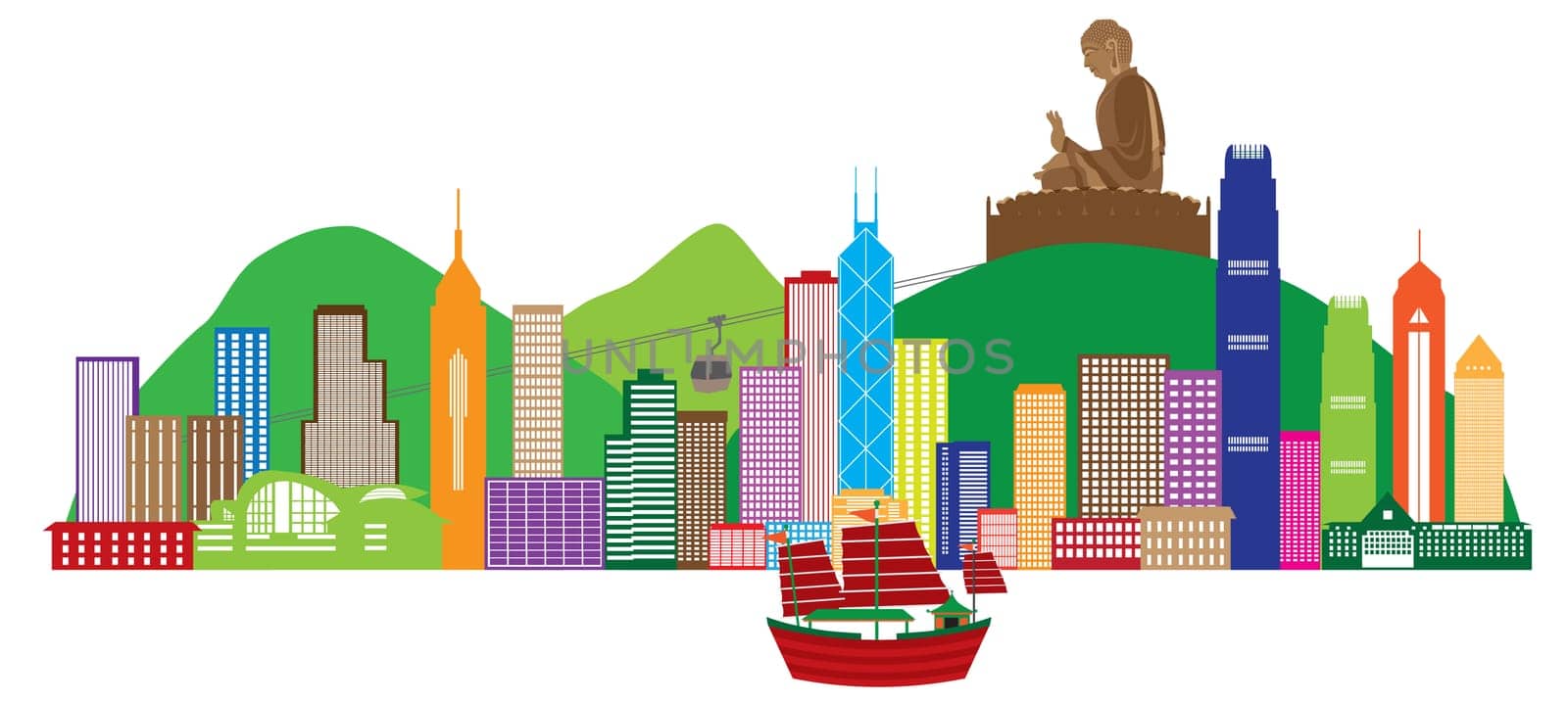 Hong Kong City Skyline and Big Buddha Statue Panorama Color Isolated on White Background Illustration