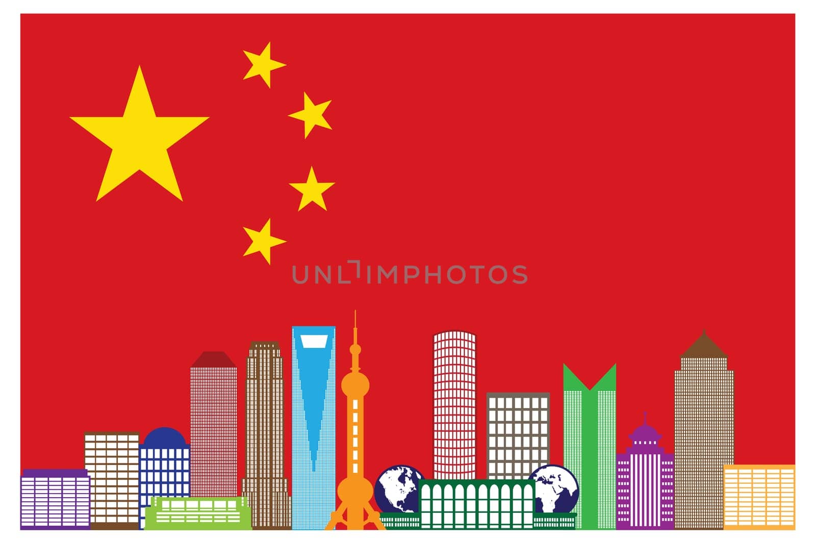 Shanghai China City Skyline Outline Silhouette in China Flag Isolated on White Background Color Illustration