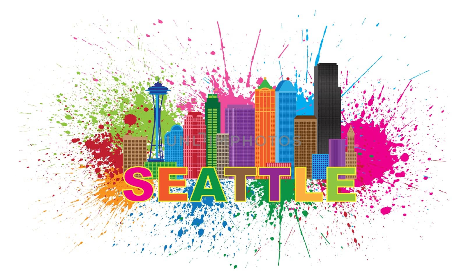 Seattle Washington Downtown City Skyline USA America Color Text Paint Splatter Abstract Isolated on White Background Illustration