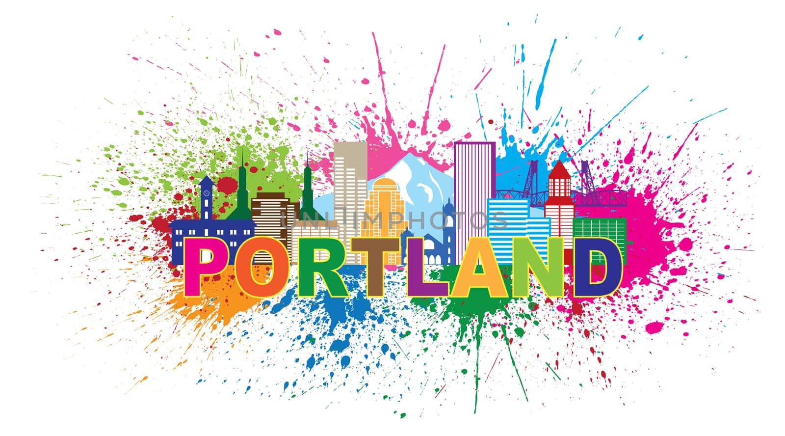 Portland Oregon Outline Silhouette with City Skyline Downtown and Mt. Hood Panorama Color Text Paint Splatter Isolated on White Background Illustration