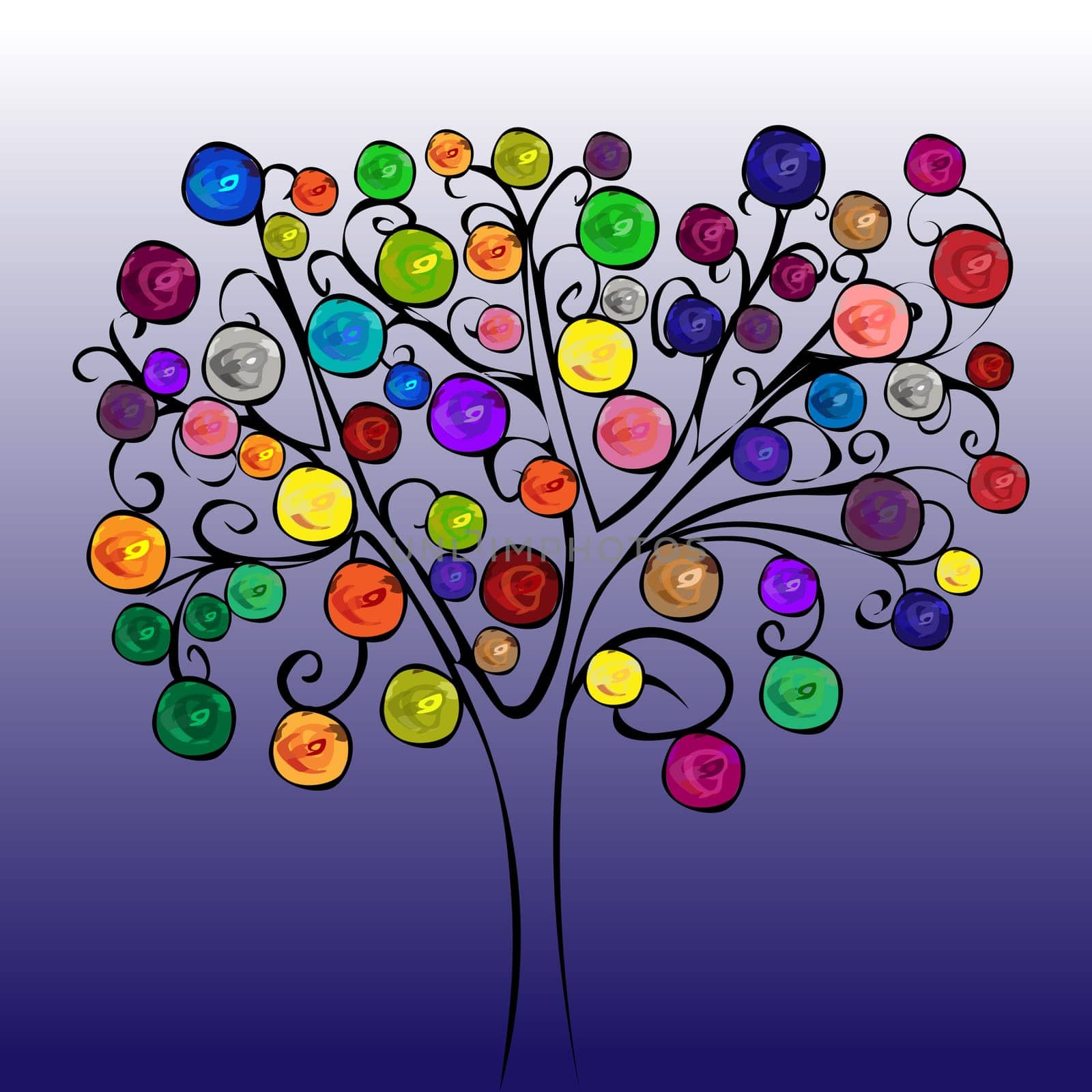 Fairytale tree with colourful fruits. Purple gradient vector background. Multicolored circles. Evening