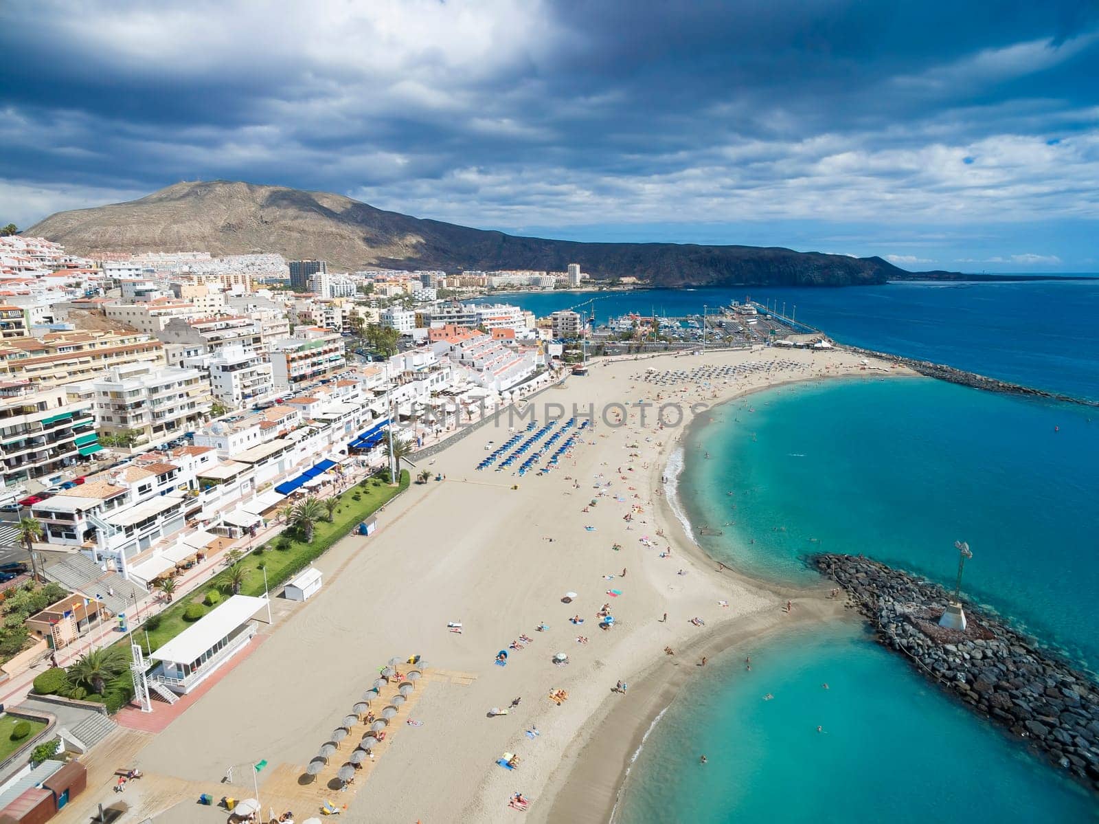 Beautiful aerial shot over Los Cristianos beach (Playa de las America), Canary Island Tenerife, Spain