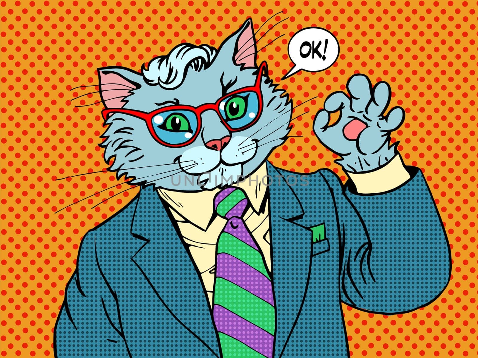 Cat businessman OK gesture. Business concept success