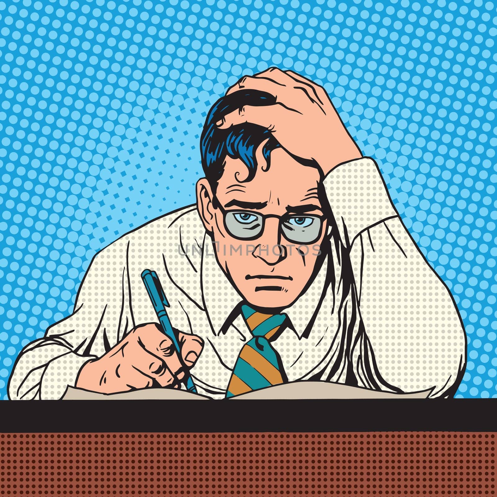 Writer journalist scientist thinks writes. A grown man pen writes the text. Thinking creative work torments