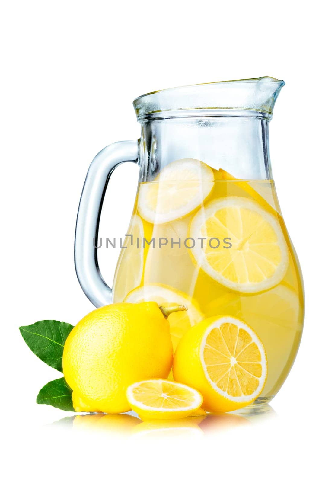 Lemonade pitcher with lemon slices and ice cubes isolated on white