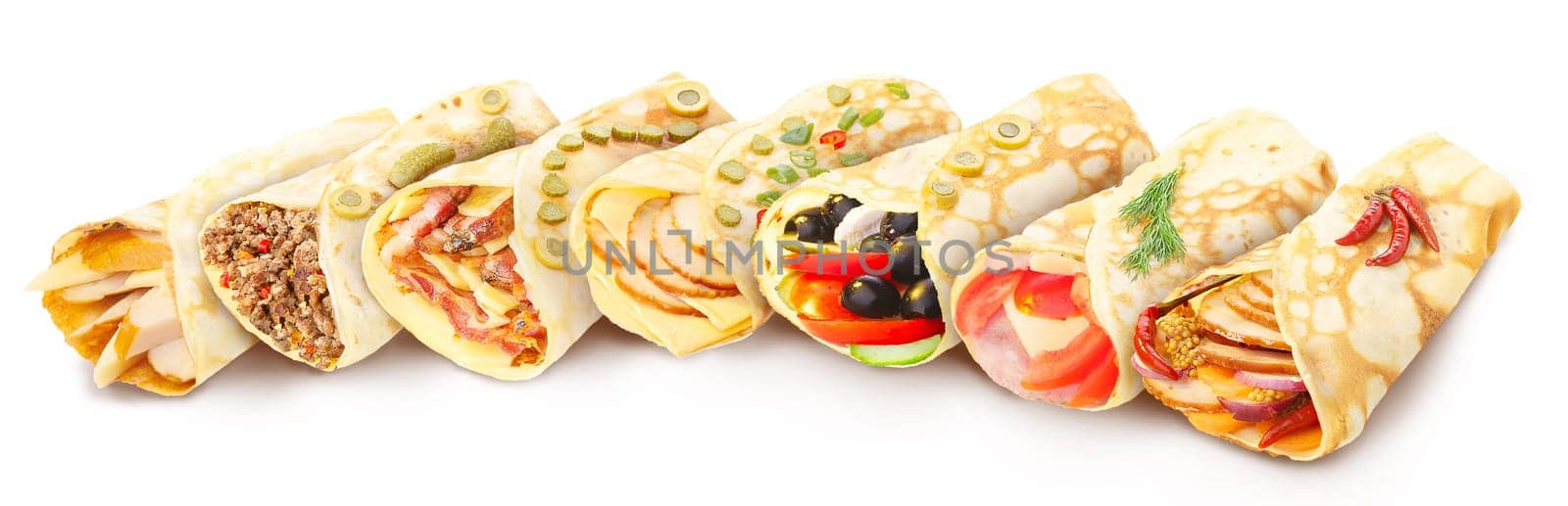 Big collection of elegant,neat, gourmet stuffed crepes decorated with herbs