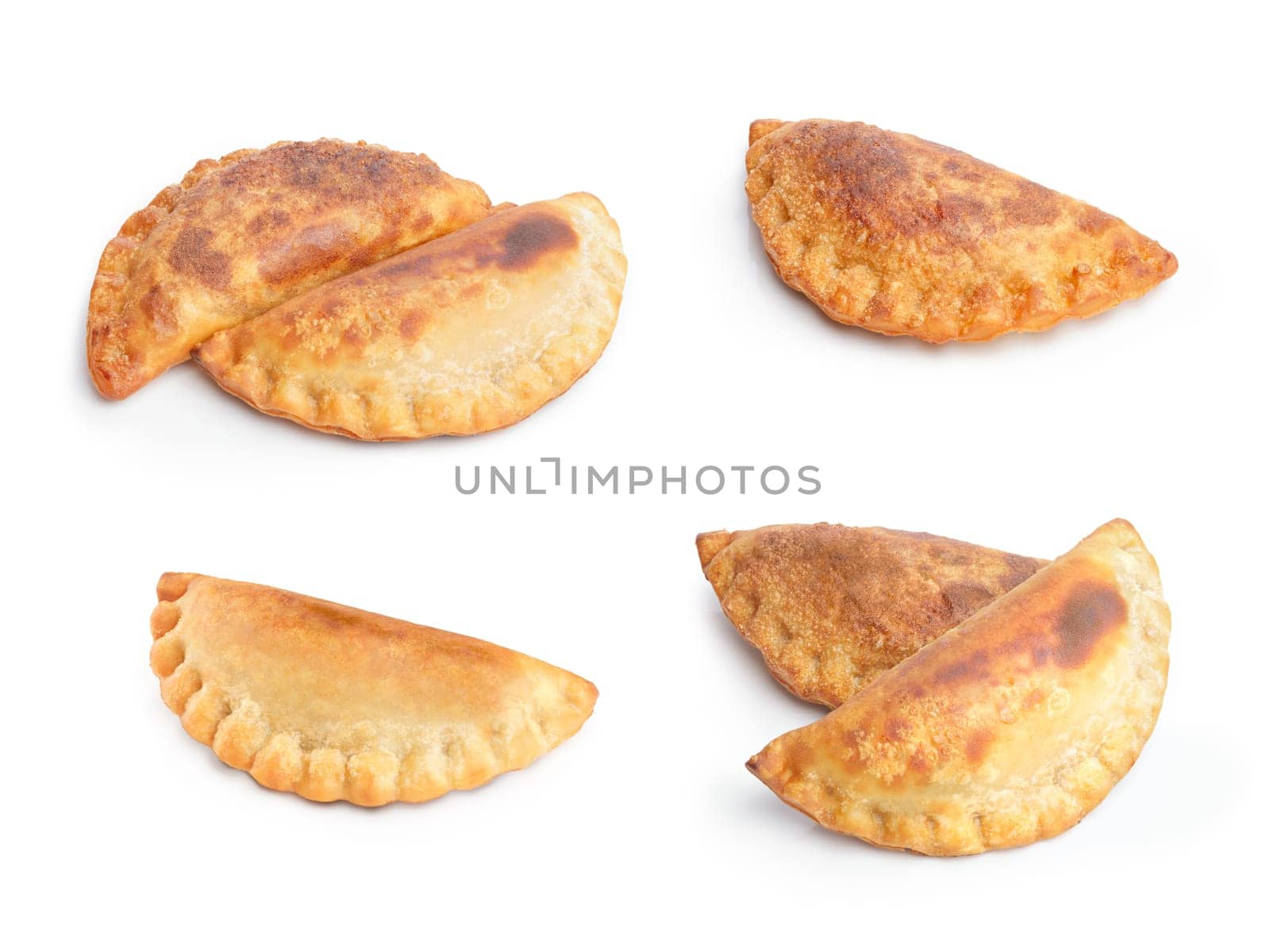 Set of isolated empanadas. Savory patty. Large depth of field