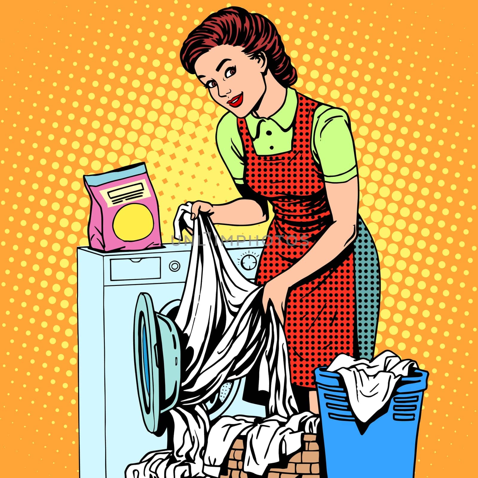 A woman washes clothes in a washing machine pop art retro style. Housewife doing the housework. Clean and tidy